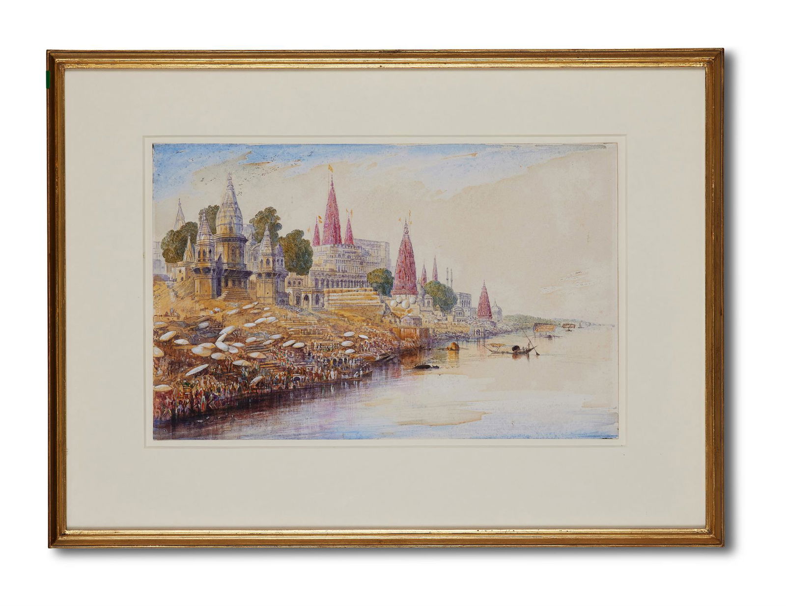 EDWARD LEAR (BRITISH 1812-1888), THE GANGES AT BENARES: EDWARD LEAR (BRITISH 1812-1888)THE GANGES AT BENARESWatercolour heightened with whiteSigned with monogram (lower left)25.5 x 40cm (10 x 15½ in.)