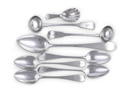 EIGHT PIECES OF SCOTTISH PROVINCIAL FLATWARE: EIGHT PIECES OF SCOTTISH PROVINCIAL FLATWARE Comprising: a pointed old English table spoon, William Clarke, Greenock circa 1810, 25cm (9 3/4in) long; a pointed old English dessert spoon, Edward Living
