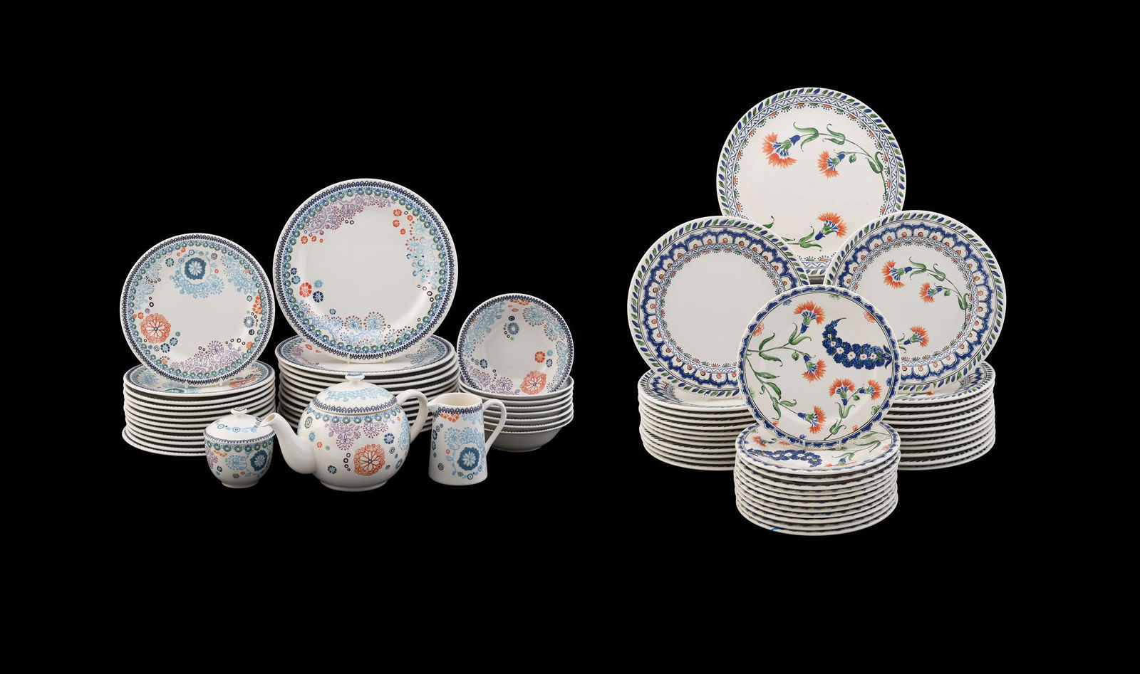 A GIEN POTTERY 'SULTANA' PART BREAKFAST SERVICE: A GIEN POTTERY 'SULTANA' PART BREAKFAST SERVICEComprising; a teapot and cover, milk jug, sugar box and cover, eight cereal bowls, twelve plates, and twelve side plates, together with the remnants of a