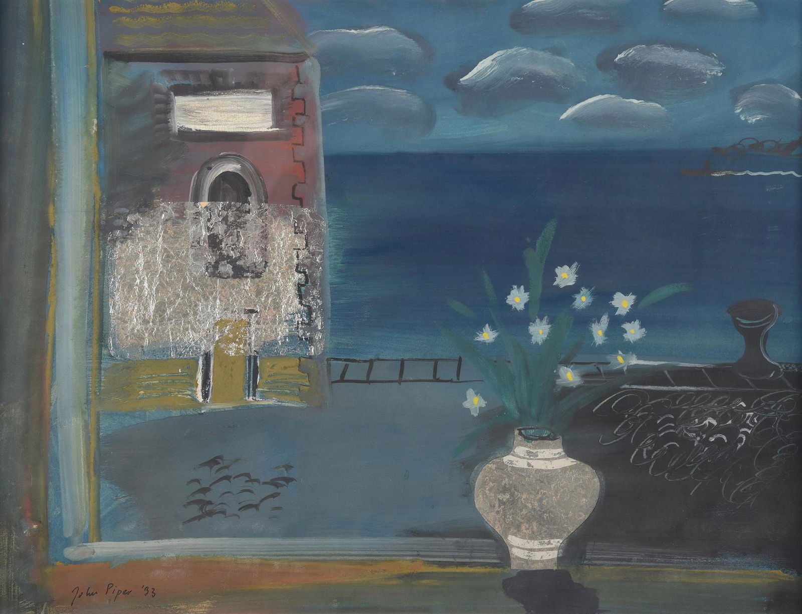 λ John Piper (British 1903-1992)The Vase of Flowers by an Open Window Gouache, ink, pencil,: λ John Piper (British 1903-1992)The Vase of Flowers by an Open Window Gouache, ink, pencil, collage and wash on paperSigned and dated '33 (lower left)36 x 46cm (14 x 18 in.)Provenance:Crane Kalma