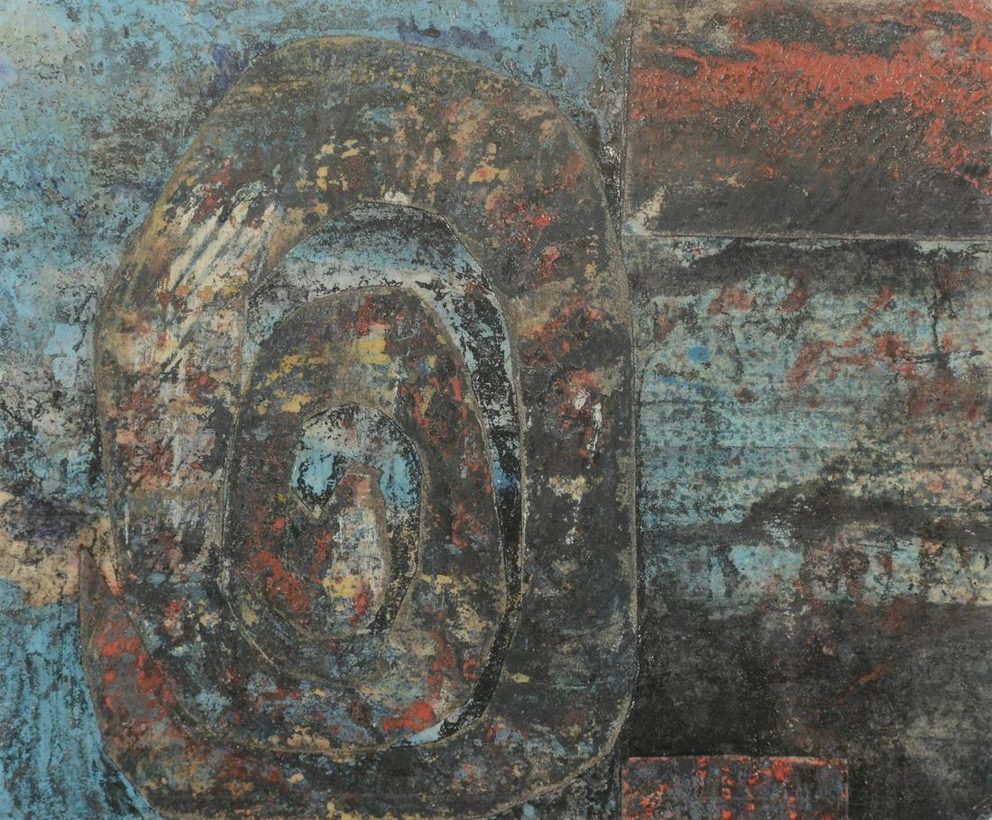 λ John Piper (British 1903-1992)Abstract 1962/63Oil and collage on card10.5 x 12.5cm (4 x: λ John Piper (British 1903-1992)Abstract 1962/63Oil and collage on card10.5 x 12.5cm (4 x 4¾ in.)An early study for the Piper Building murals in London.Provenance:P Manzareli, who produced t