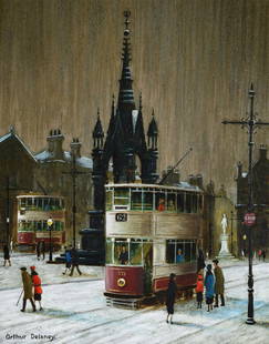 λ Arthur Delaney (British 1927-1987)Tram in front of the Albert MemorialOil on boardSigned: λ Arthur Delaney (British 1927-1987)Tram in front of the Albert MemorialOil on boardSigned (lower left)36 x 28.5cm (14 x 11 in.)Provenance:The Selwyn Demmy Collection λ indicates that this l