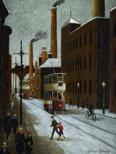 λ Arthur Delaney (British 1927-1987)Trams and mills (B)Oil on boardSigned (lower right)34 x: λ Arthur Delaney (British 1927-1987)Trams and mills (B)Oil on boardSigned (lower right)34 x 26cm (13¼ x 10 in.)Provenance:The Selwyn Demmy Collection λ indicates that this lot may be su