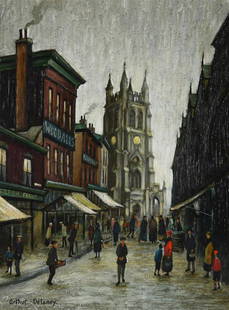 λ Arthur Delaney (British 1927-1987)Parish church and old marketOil on boardSigned (lower left): λ Arthur Delaney (British 1927-1987)Parish church and old marketOil on boardSigned (lower left); further signed, titled and inscribed (to old label verso)40.5 x 30.5cm (15¾ x 12 in.)Provenan