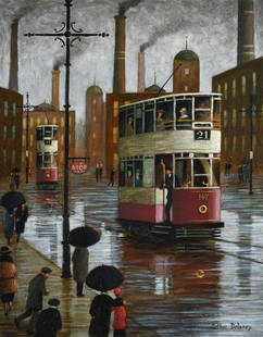 λ Arthur Delaney (British 1927-1987)Trams and Mills (A)Oil on boardSigned (lower right); titled: λ Arthur Delaney (British 1927-1987)Trams and Mills (A)Oil on boardSigned (lower right); titled (verso)37 x 29cm (14½ x 11¼ in.)Provenance:The Selwyn Demmy Collection λ indicates t