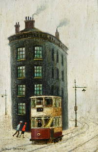 λ Arthur Delaney (British 1927-1987)Tram and tall buildingOil on boardSigned (lower left);: λ Arthur Delaney (British 1927-1987)Tram and tall buildingOil on boardSigned (lower left); further signed and titled (to backboard)24 x 15cm (9¼ x 5¾ in.)Provenance:The Selwyn Demmy Col