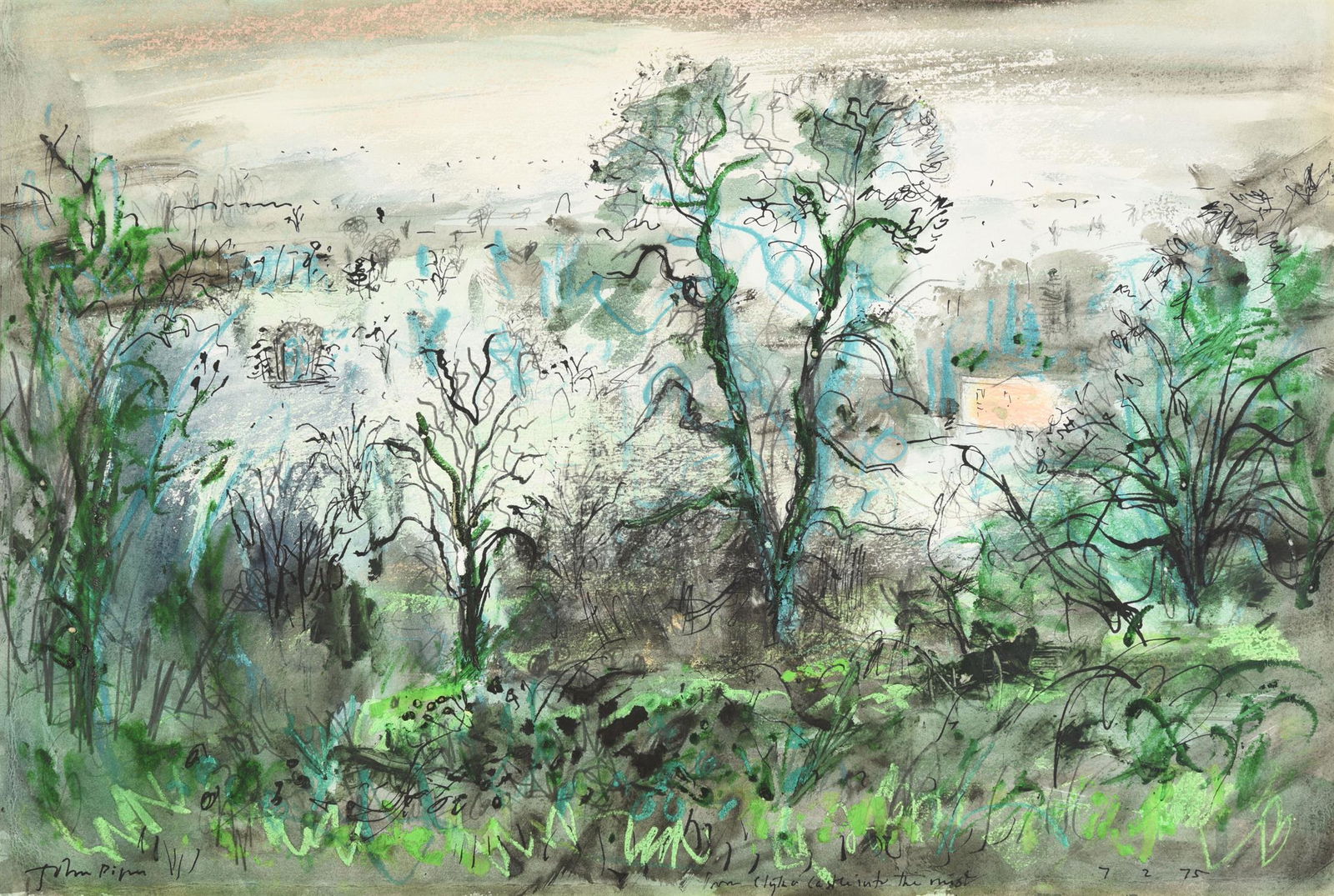 λ John Piper (British 1903-1992)From Clytha Castle into the mistWatercolour, pastel, and ink: λ John Piper (British 1903-1992)From Clytha Castle into the mistWatercolour, pastel, and ink Signed, titled and dated 7. 2. 75 (along lower edge) 39 x 58cm (15¼ x 22¾ in.)Provenance:Con