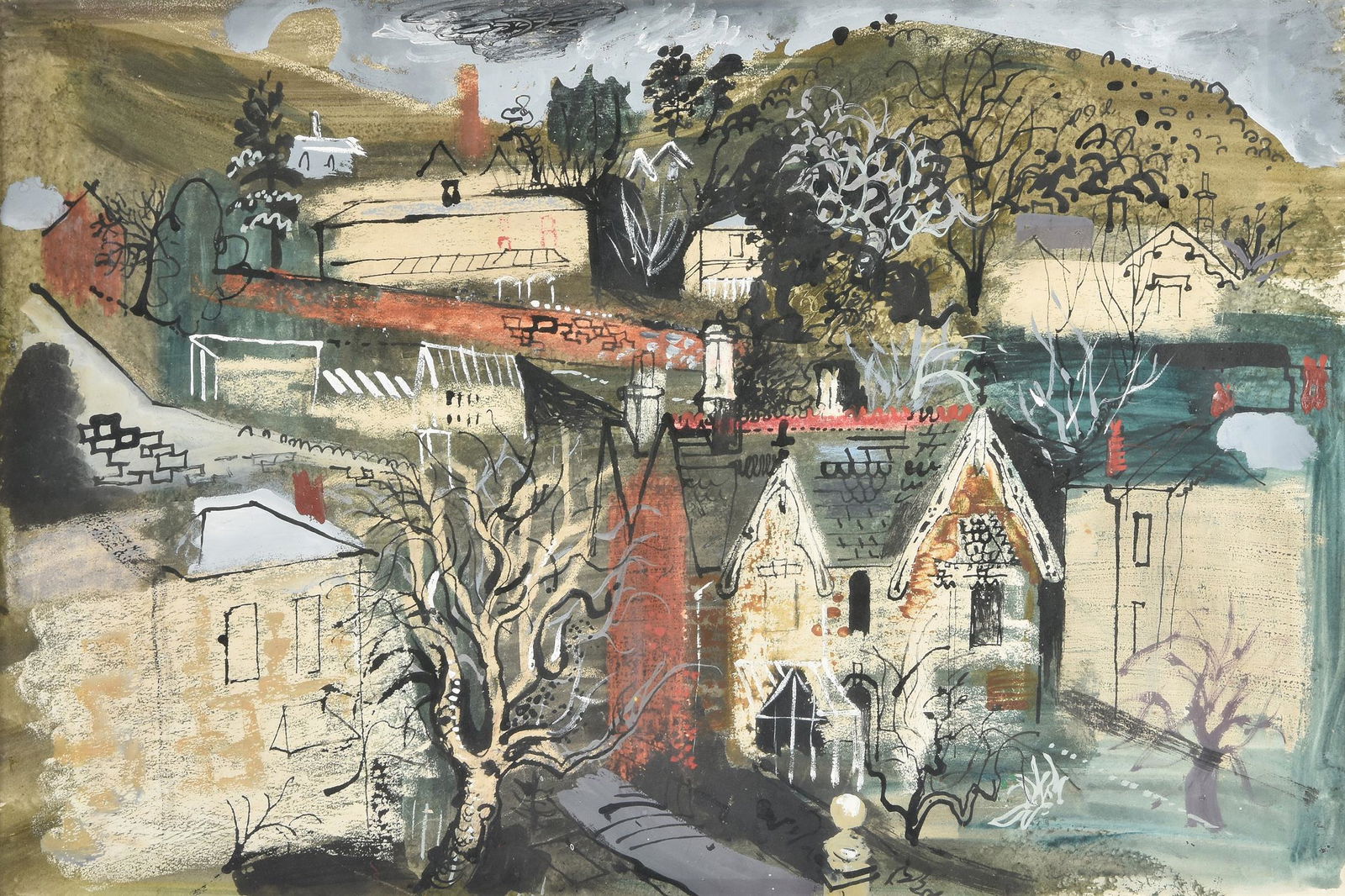 λ John Piper (British 1903-1992)Ventnor, Isle of WightMixed media on paper 36.5 x 54.5cm: λ John Piper (British 1903-1992)Ventnor, Isle of WightMixed media on paper 36.5 x 54.5cm (14¼ x 21¼ in.)Painted in 1950.Provenance:Spink, London (a gift from the artist to the previous