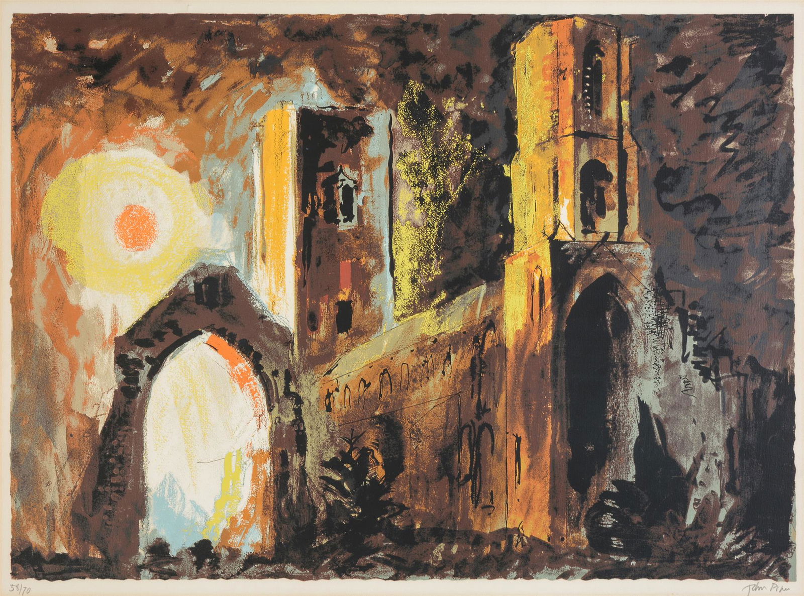 λ John Piper (British 1903-1992)Wymondham Abbey, Norfolk (Levinson 324)Screenprint in colours,: λ John Piper (British 1903-1992)Wymondham Abbey, Norfolk (Levinson 324)Screenprint in colours, 1981 Signed in pencil and numbered 58/70Image: 55 x 76cm (21½ x 29¾ in.) λ indicates