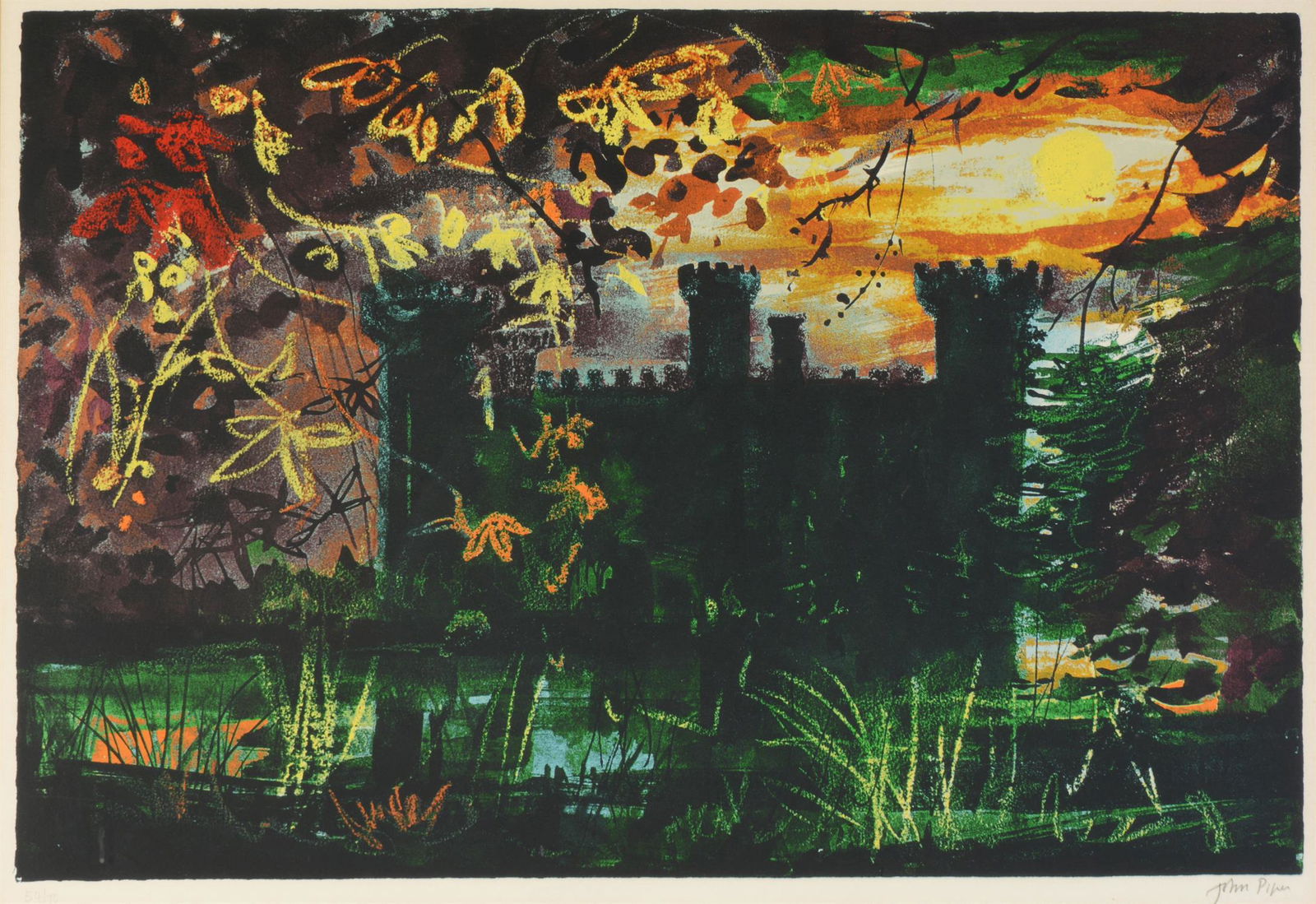 λ John Piper (British 1903-1992)Eastnor Castle, Hereford (Levinson 353)Lithograph printed in: λ John Piper (British 1903-1992)Eastnor Castle, Hereford (Levinson 353)Lithograph printed in colours, 1983Signed in pencil and numbered 54/70 Image: 44 x 65cm (17¼ x 25½ in.) λ ind