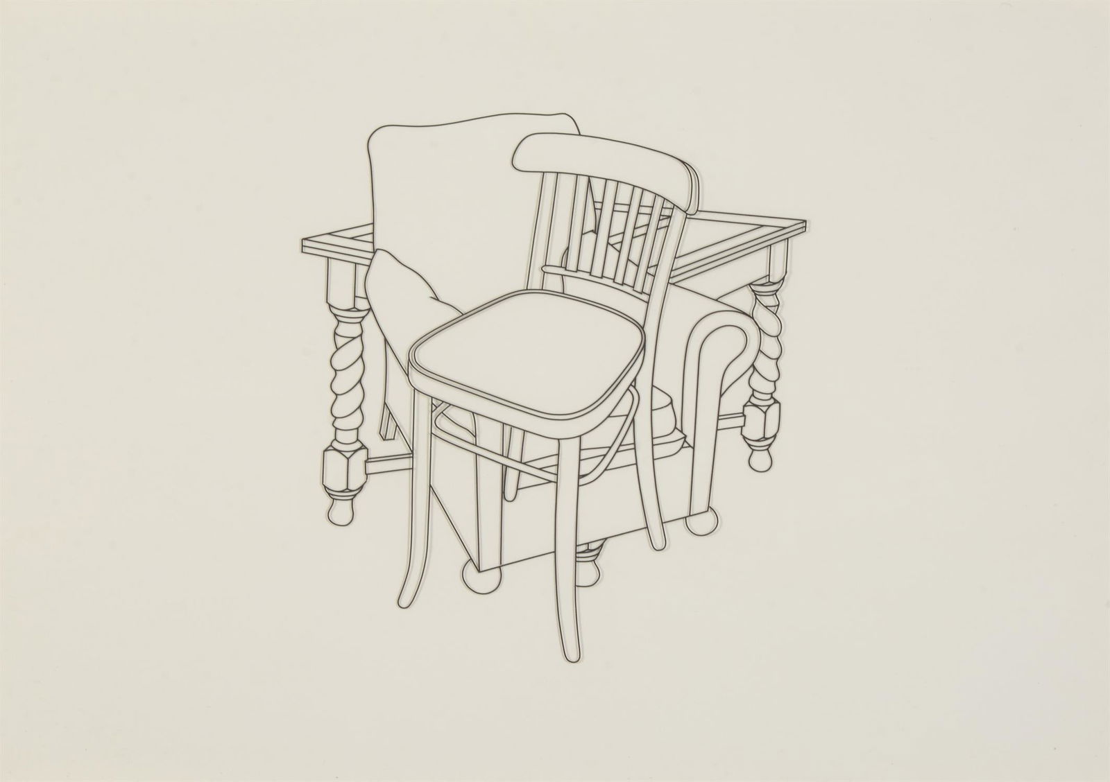 λ Michael Craig-Martin (British b. 1921)Two Chairs and a TableBlack crepe tape on drafting: λ Michael Craig-Martin (British b. 1921)Two Chairs and a TableBlack crepe tape on drafting film42 x 60cm (16½ x 23½ in.)Provenance:A gift from the artist to the previous owner in 1985Sa