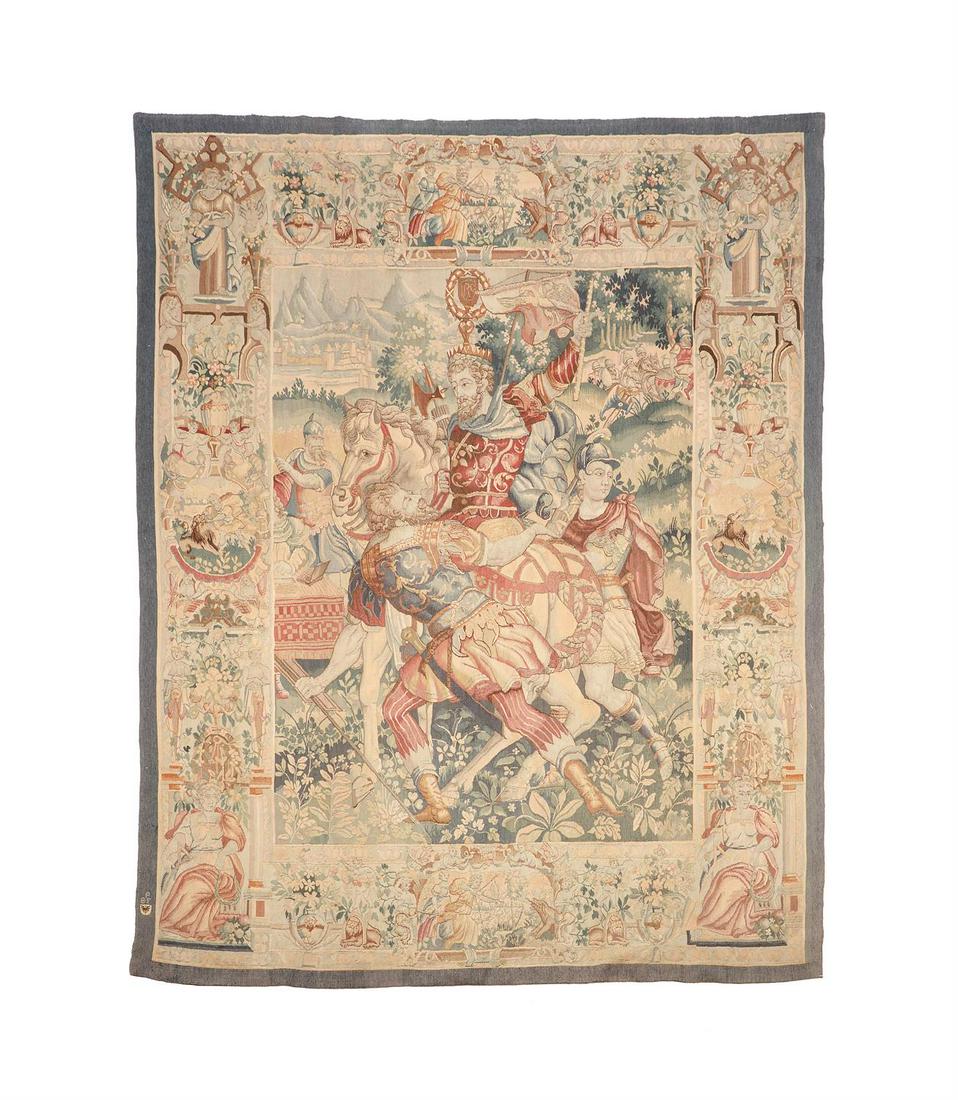 A HISTORICAL TAPESTRY PANEL DEPICTING ALEXANDER THE GREAT, PROBABLY BELGIUM, LATE 19TH CENTURY (1 of 5)