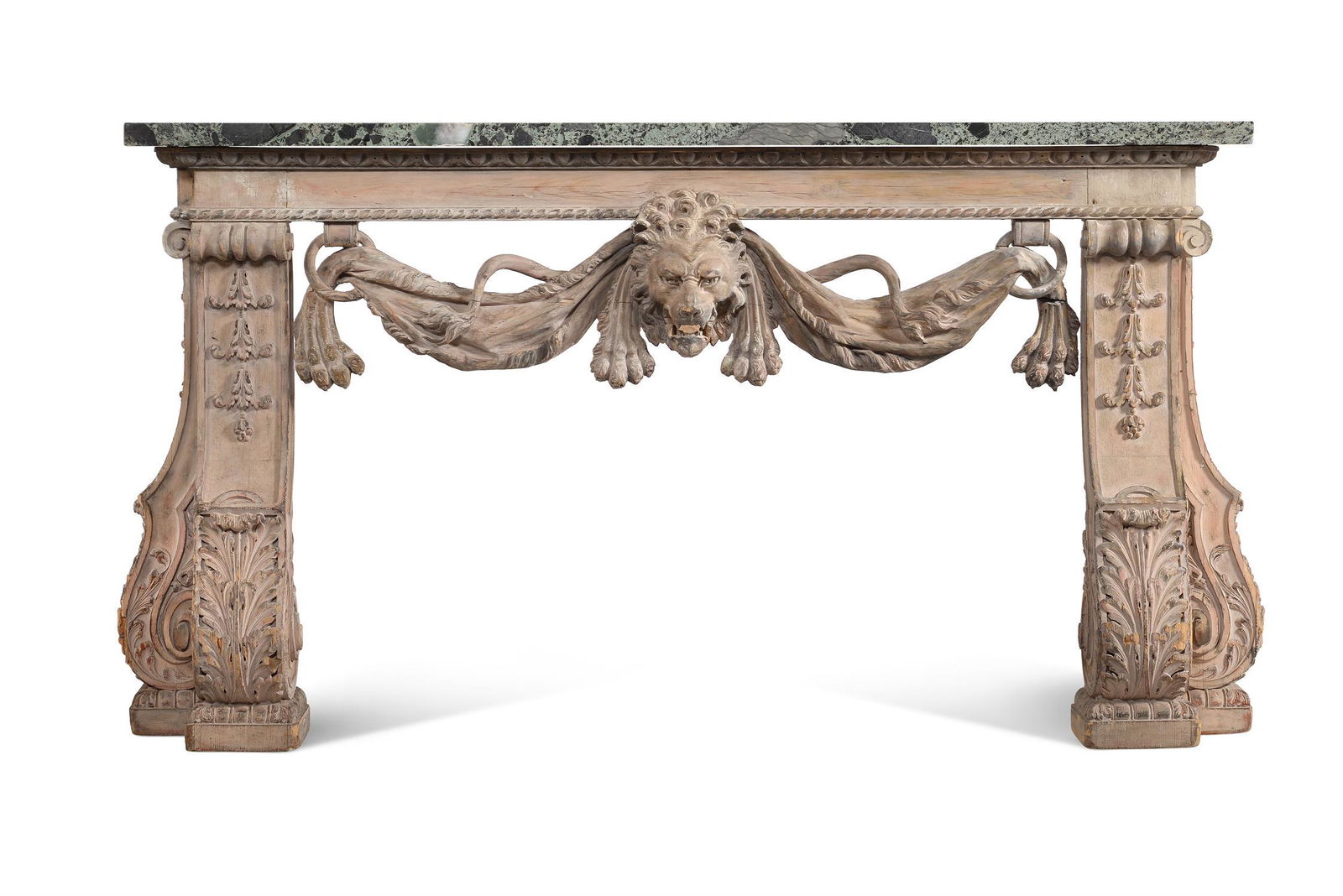 A CARVED PINE AND CREAM PAINTED CONSOLE TABLE, IN THE MANNER OF WILLIAM KENT, 20TH CENTURY: A CARVED PINE AND CREAM PAINTED CONSOLE TABLE IN GEORGE II STYLE, IN THE MANNER OF WILLIAM KENT, 20TH CENTURY With variegated marble top 85cm high, 151cm wide, 61cm deepProvenance: Ston Easton Park, n