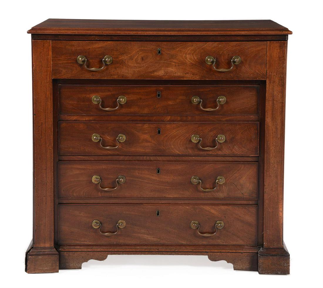 A GEORGE II MAHOGANY WRITING OR ARTIST'S CHEST, IN THE MANNER OF THOMAS CHIPPENDALE, CIRCA 1760: A GEORGE II MAHOGANY WRITING OR ARTIST'S CHESTIN THE MANNER OF THOMAS CHIPPENDALE, CIRCA 1760The top with an edge moulding to all four sides, the top drawer and inverted breakfront legs pulling out as