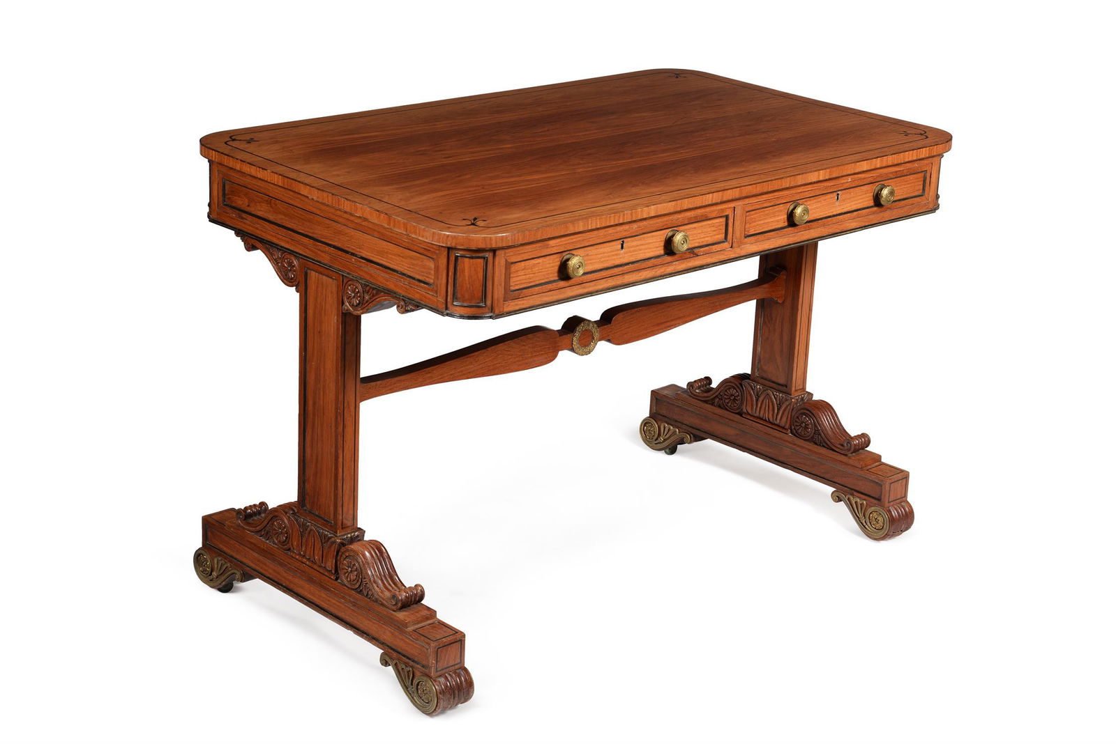 A GEORGE IV PADOUK AND EBONISED STRUNG LIBRARY TABLE IN THE MANNER OF JOHN MCLEAN, CIRCA 1825: A GEORGE IV PADOUK AND EBONISED STRUNG LIBRARY TABLE IN THE MANNER OF JOHN MCLEAN, CIRCA 1825 73cm high, 107cm wide, 67.5cm deep