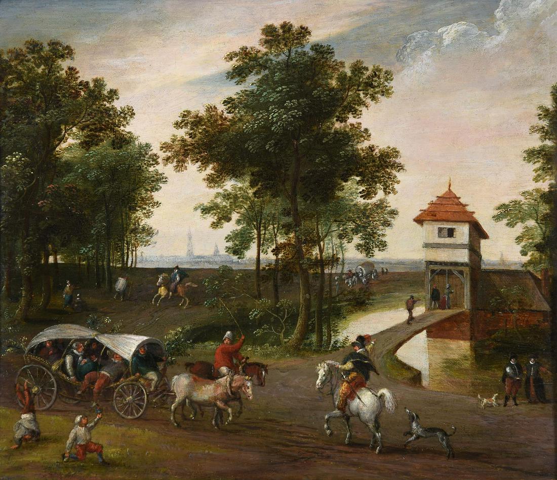 JACOB GRIMMER (FLEMISH CIRCA 1525-1590), TRAVELLERS ON A TRACK, A VIEW OF ANTWERP BEYOND: JACOB GRIMMER (FLEMISH CIRCA 1525-1590)TRAVELLERS ON A TRACK, A VIEW OF ANTWERP BEYONDOil on panel22.5 x 26.5cm (8¾ x 10¼ in.)Provenance: Koetser Gallery, London, 1971 (colour reproducti