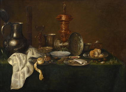 FOLLOWER OF WILLEM CLAESZ HEDA, A STILL LIFE WITH SILVERWARE: FOLLOWER OF WILLEM CLAESZ HEDAA STILL LIFE WITH SILVERWARE, OYSTERS, A LEMON AND BREADOil on canvas 82.5 x 110.5cm (32¼ x 43½ in.)