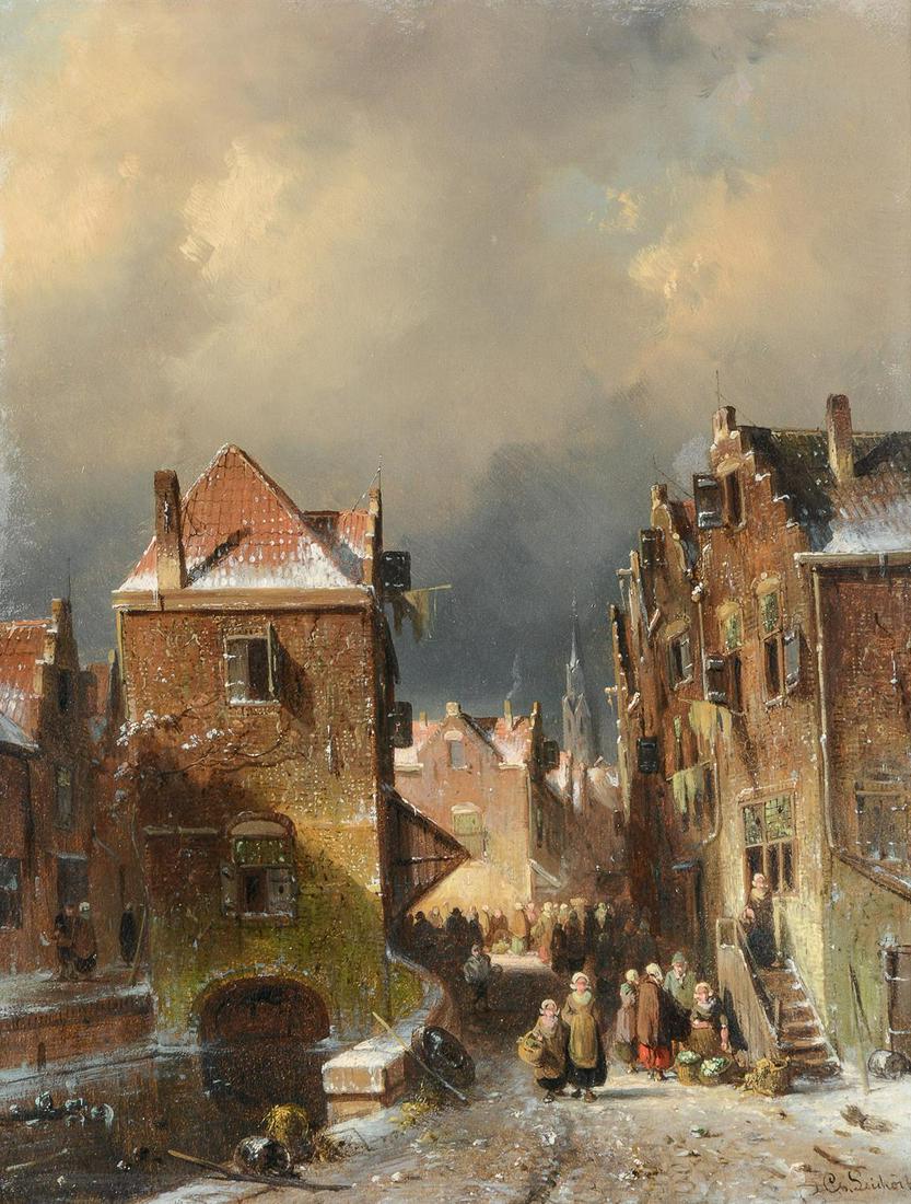 CHARLES HENRI JOSEPH LEICKERT (BELGIAN 1816-1907), A SNOWY DUTCH STREET SCENE: CHARLES HENRI JOSEPH LEICKERT (BELGIAN 1816-1907)A SNOWY DUTCH STREET SCENE Oil on panelSigned (lower right)36.5 x 28cm (14¼ x 11 in.)Provenance:M. Newman Ltd, London