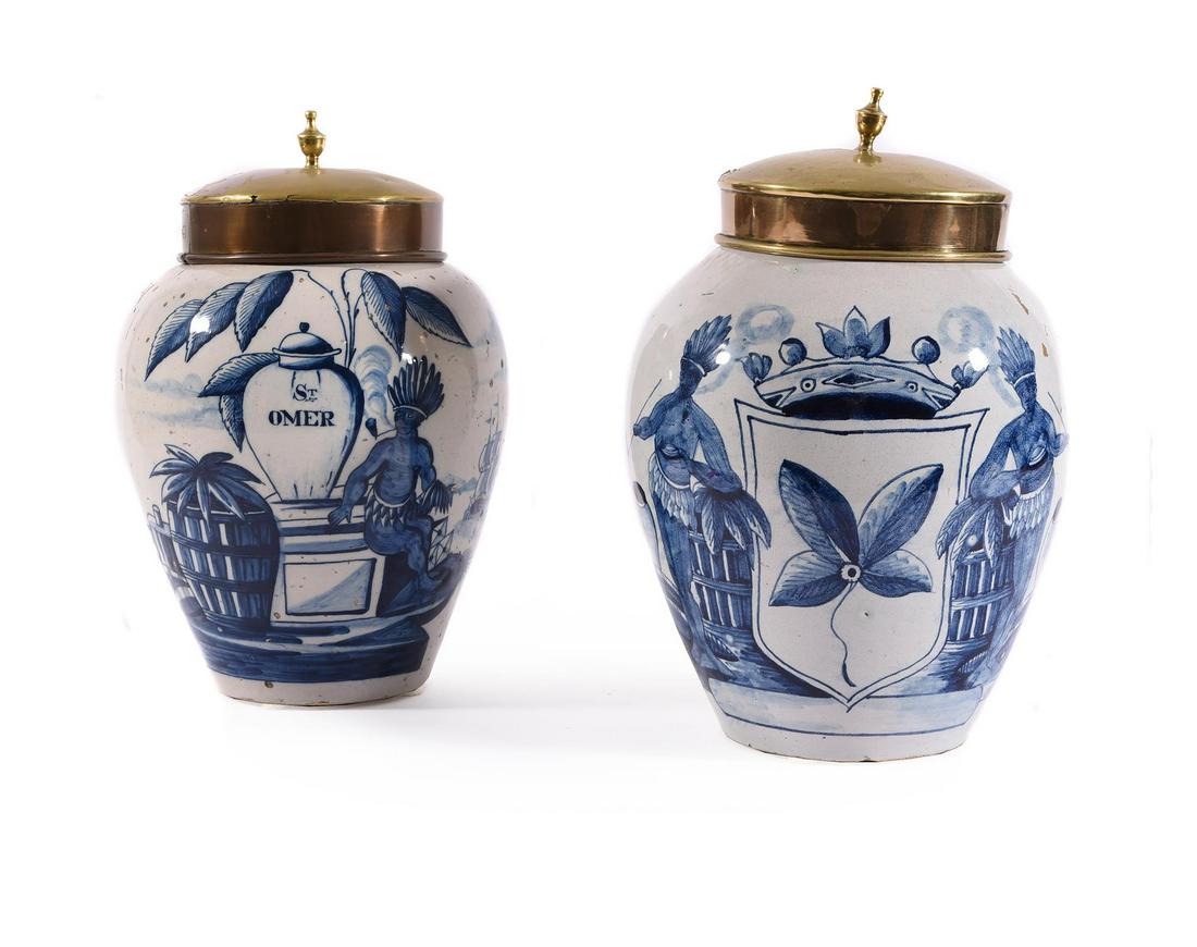 TWO SIMILAR DUTCH DELFT TOBACCO JARS WITH GILT METAL COVERS, LATE 18TH OR EARLY 19TH CENTURY (1 of 3)