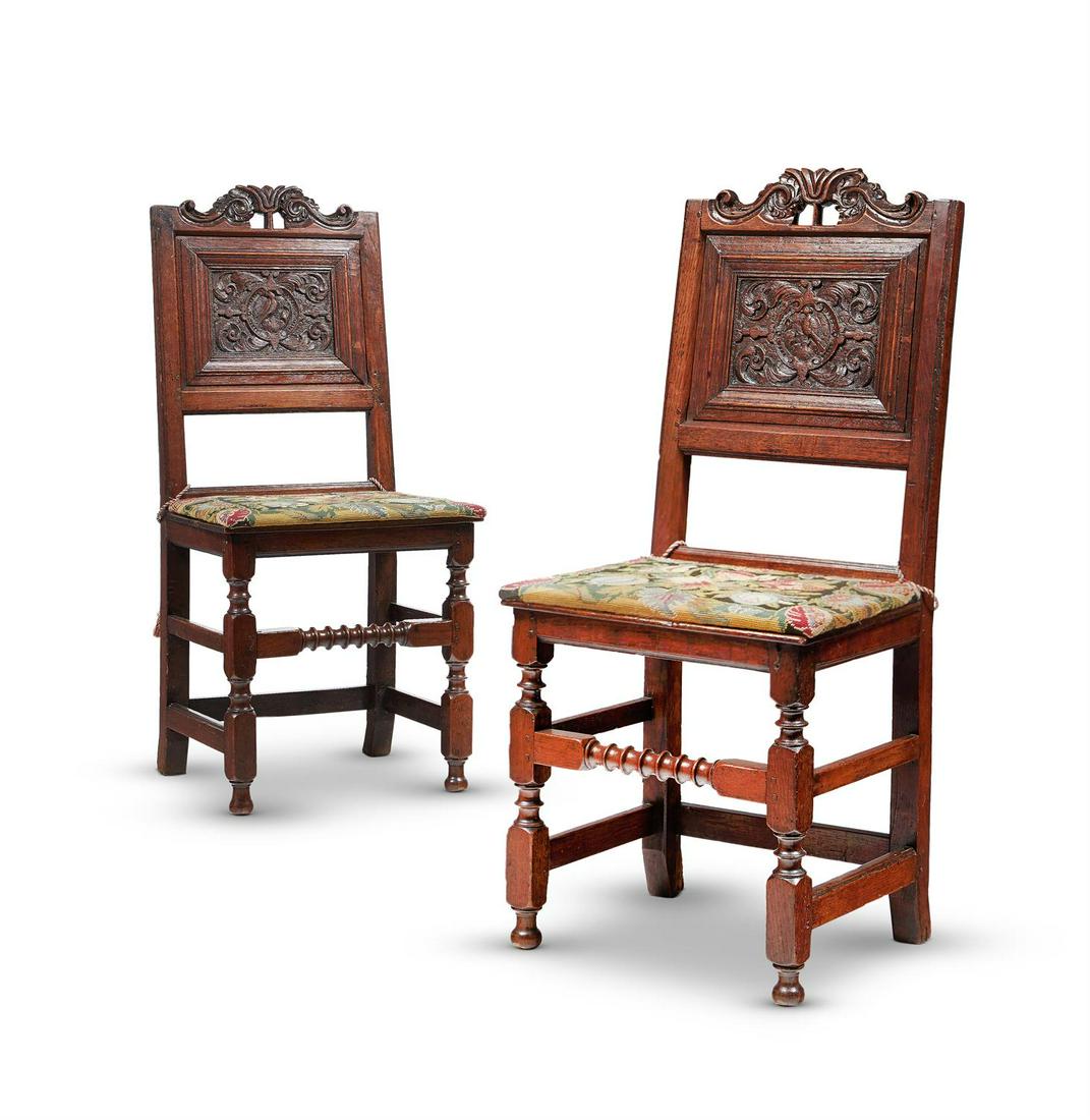 A PAIR OF CHARLES I OAK BACKSTOOLS OR SIDE CHAIRS, CIRCA 1630 (1 of 2)