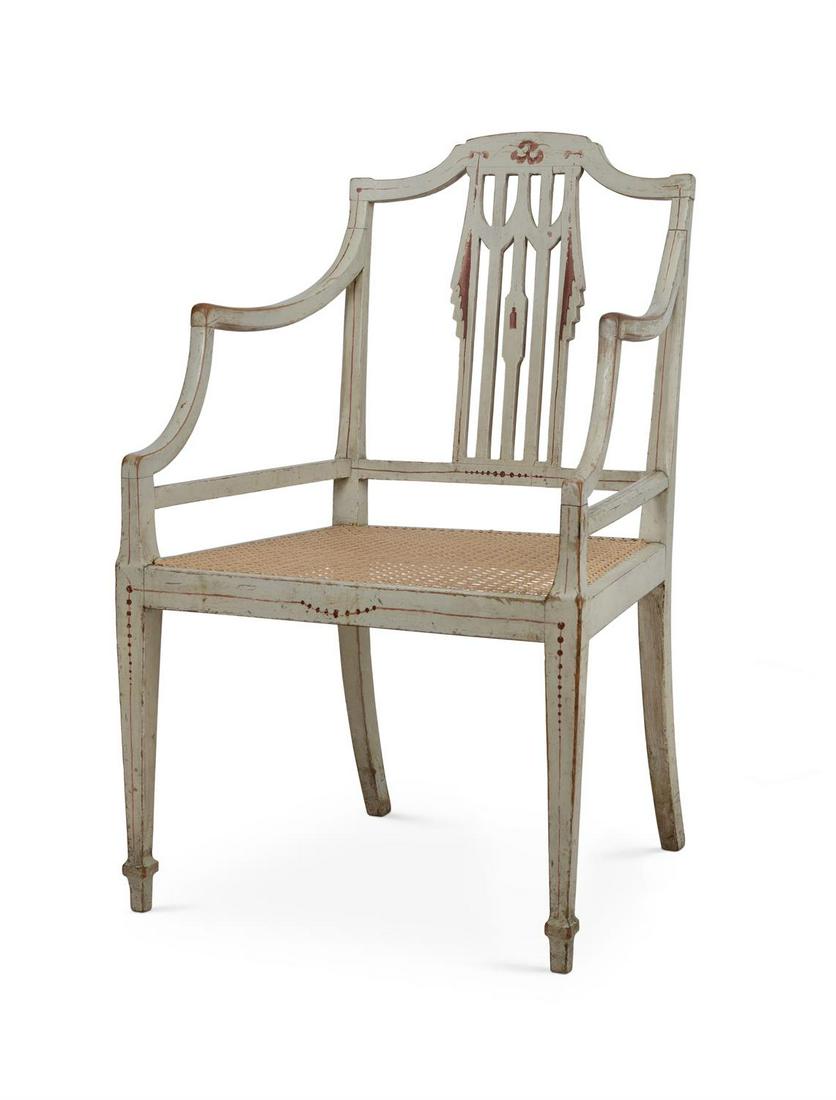 A GEORGE III BEECH AND CREAM PAINTED OPEN ARMCHAIR, CIRCA 1800 (1 of 4)