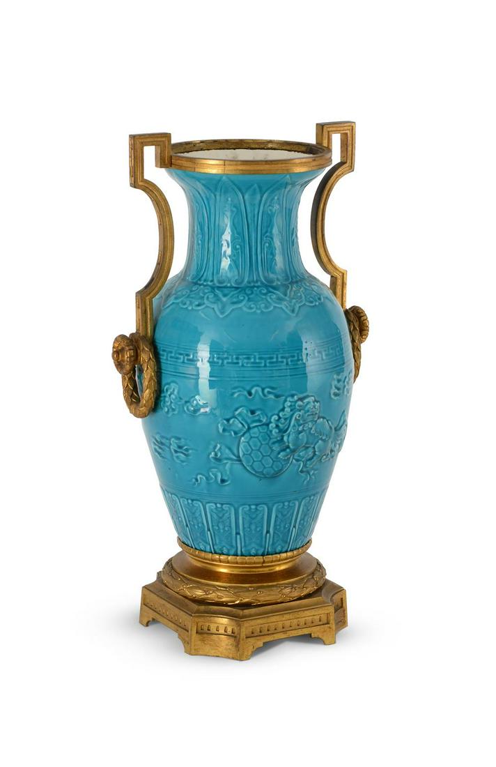A FRENCH ORMOLU MOUNTED CHINOISERIE VASE, ATTRIBUTED TO THEODORE DECK, LATE 19TH CENTURY: A FRENCH ORMOLU MOUNTED CHINOISERIE VASE ATTRIBUTED TO THEODORE DECK, LATE 19TH CENTURY The body with Kylin relief decoration in turquoise glaze, within engine turn banded mounts, apparently unmarked4