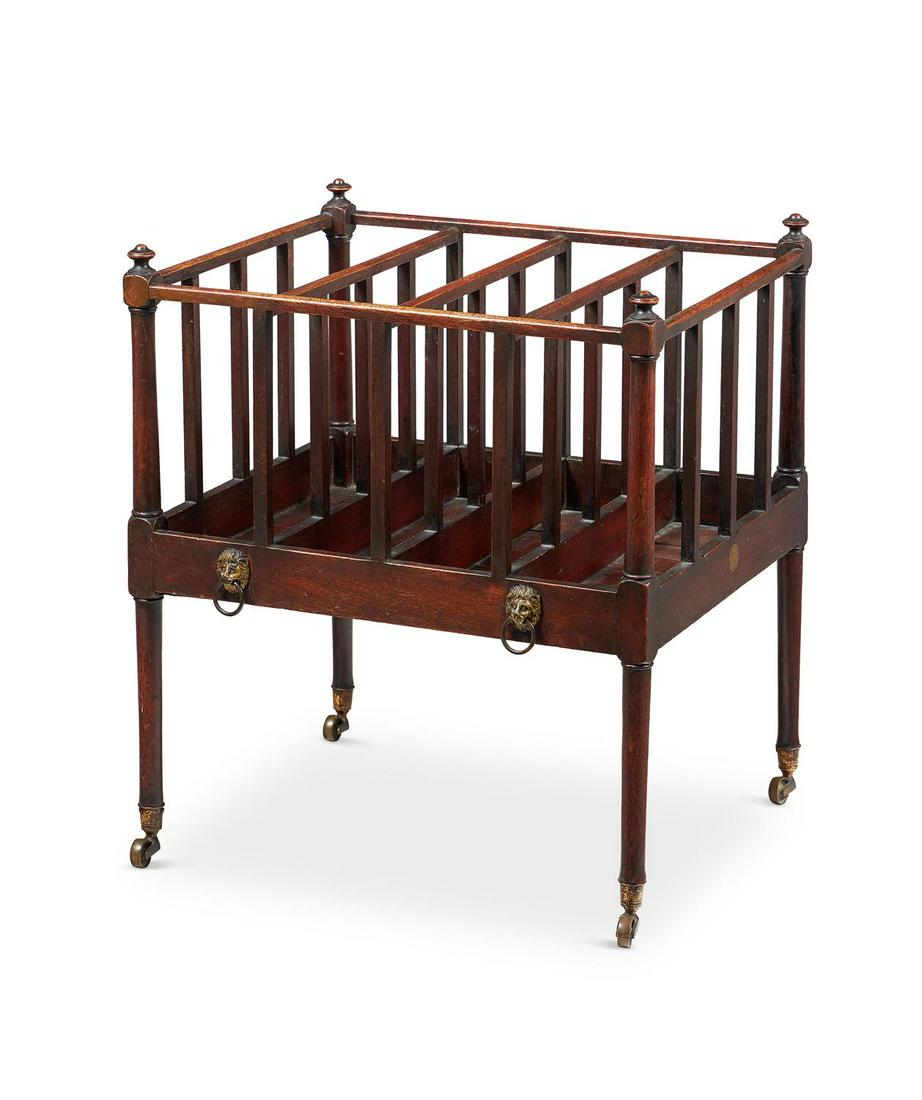 A REGENCY MAHOGANY 'SPIDER-LEG' CANTERBURY. CIRCA 1820: A REGENCY MAHOGANY 'SPIDER-LEG' CANTERBURYCIRCA 1820With sticker to one side for 'The British Antique Dealers Association' 54cm high, 47cm wide, 39cm deep