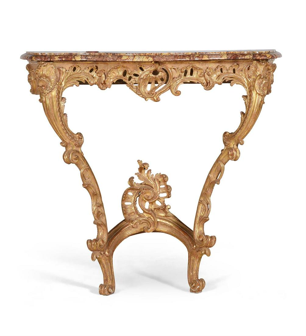 A PAIR OF LOUIS XV CARVED GILTWOOD CONSOLE TABLES, MID 18TH CENTURY: A PAIR OF LOUIS XV CARVED GILTWOOD CONSOLE TABLES MID 18TH CENTURY Each with shaped Brocatello marble topseach 83cm high, 90cm wide, 36cm deep Provenance: Property of a Lady of title