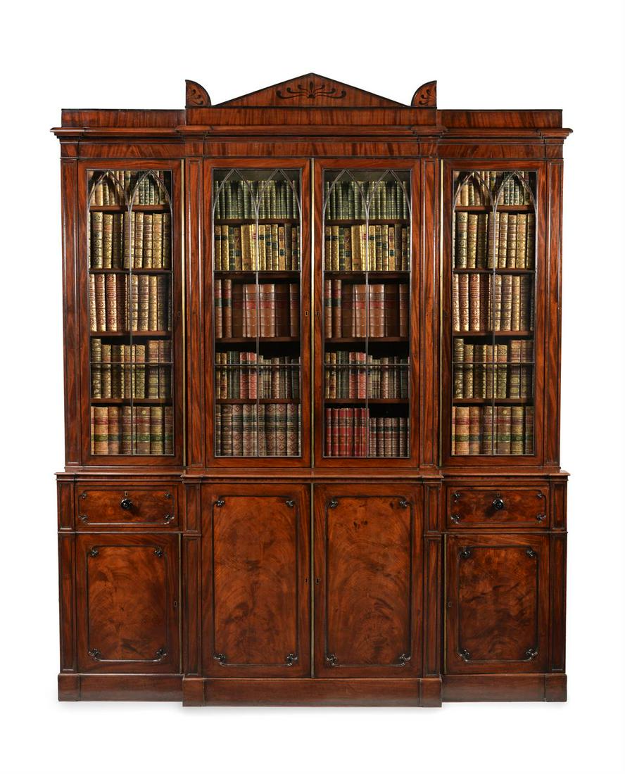 Y A REGENCY MAHOGANY AND EBONY INLAID BREAKFRONT LIBRARY BOOKCASE, CIRCA 1815 (1 of 4)