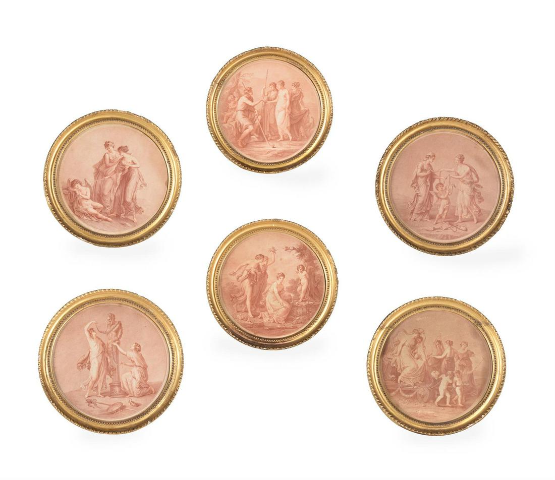 AFTER FRANCESCO BARTOLOZZI R.A. (ITALIAN 1727-1815), SIX ALLEGORICAL SCENES: AFTER FRANCESCO BARTOLOZZI R.A. (ITALIAN 1727-1815)SIX ALLEGORICAL SCENESStipple engravings in carved giltwood frames30cm (11¾ in.) diameter (6)Provenance: Christie's, The David Style Collectio