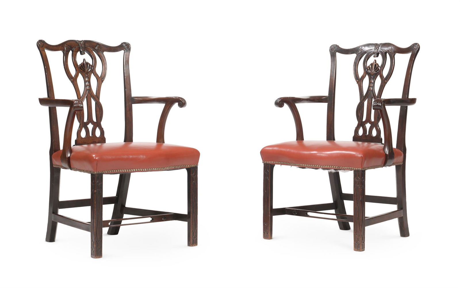 A PAIR OF GEORGE III MAHOGANY OPEN ARMCHAIRS, IN THE MANNER OF THOMAS CHIPPENDALE, CIRCA 1780: A PAIR OF GEORGE III MAHOGANY OPEN ARMCHAIRSIN THE MANNER OF THOMAS CHIPPENDALE, CIRCA 1780 each 94cm high, 62cm wide, 56cm deep overallProvenance: Private Collection, Grade II listed Manor, Wirral