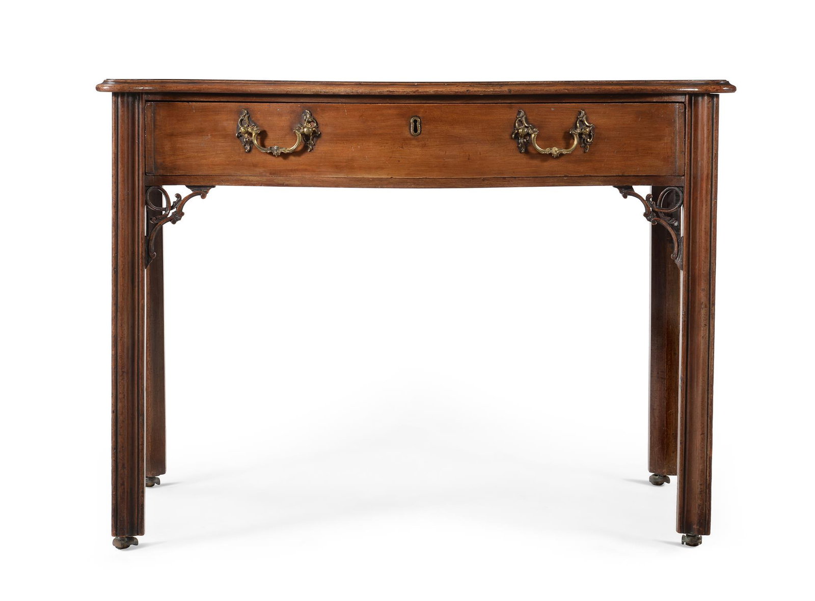 A GEORGE III MAHOGANY SIDE TABLE, IN THE MANNER OF THOMAS CHIPPENDALE, CIRCA 1780: A GEORGE III MAHOGANY SIDE TABLEIN THE MANNER OF THOMAS CHIPPENDALE, CIRCA 1780Of serpentine outline74cm high, 99cm wide, 59cm deepProvenance: Private Collection, Grade II listed Manor, Wirral