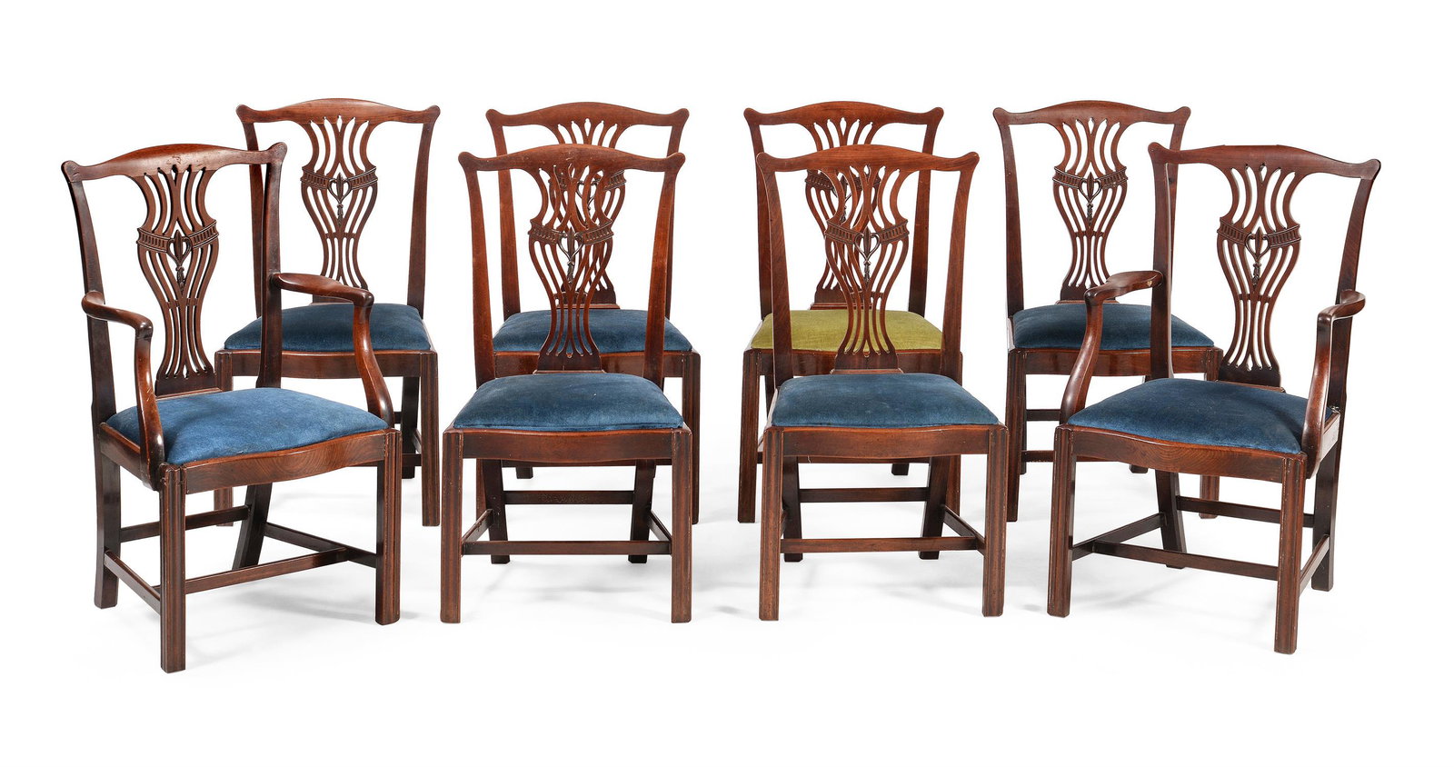A SET OF EIGHT GEORGE III MAHOGANY DINING CHAIRS, IN THE MANNER OF THOMAS CHIPPENDALE: A SET OF EIGHT GEORGE III MAHOGANY DINING CHAIRSIN THE MANNER OF THOMAS CHIPPENDALE, THIRD QUARTER 18TH CENTURY To include two armchairs each 95cm high, 53cm wide, 49cm deep overall Provenance: Privat