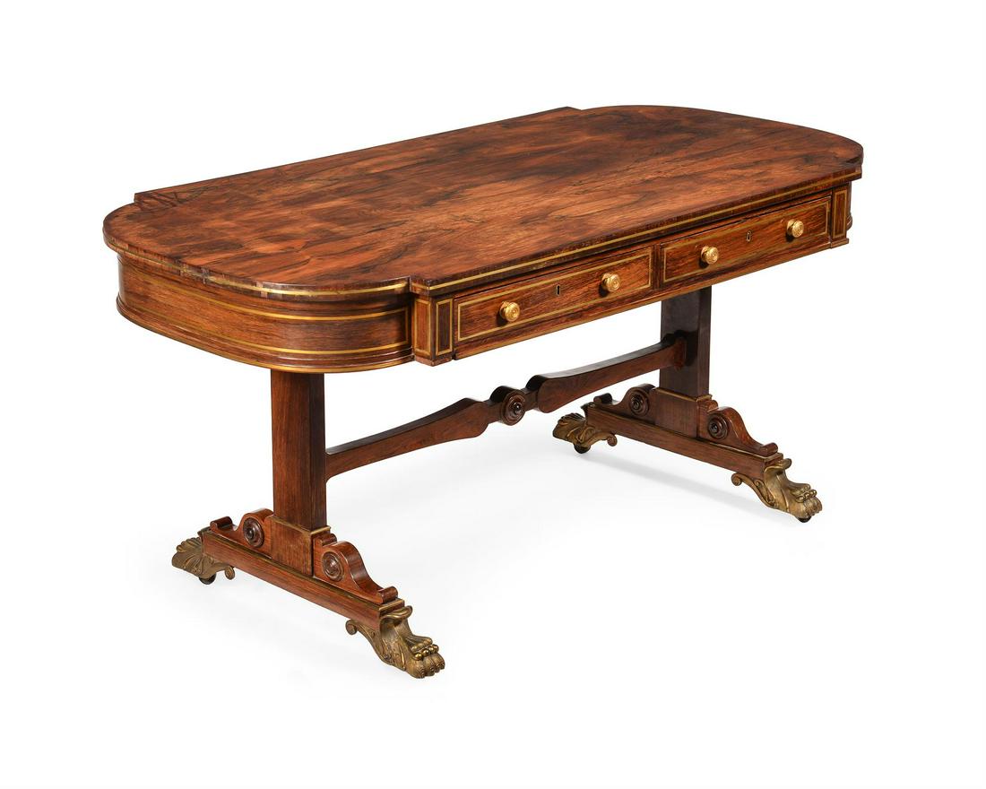 Y A REGENCY ROSEWOOD AND BRASS INLAID LIBRARY TABLE, IN THE MANNER OF JOHN McLEAN, CIRCA 1820: Y A REGENCY ROSEWOOD AND BRASS INLAID LIBRARY TABLEIN THE MANNER OF JOHN McLEAN, CIRCA 182075cm high, 158.5cm wide, 77.5cm deep ϒ Indicates that this lot may be subject to CITES regulations when