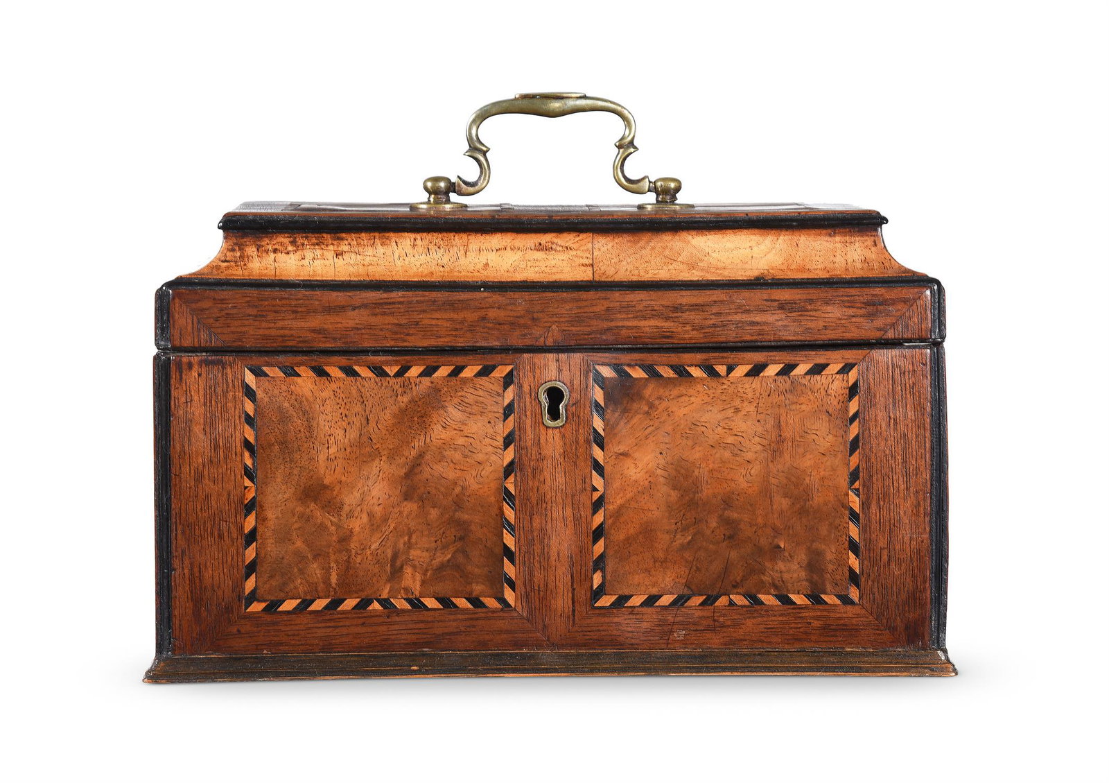 AN EARLY GEORGE III 'FLAME' MAHOGANY TEA CADDY, IN THE MANNER OF THOMAS CHIPPENDALE, CIRCA 1760: AN EARLY GEORGE III 'FLAME' MAHOGANY TEA CADDY IN THE MANNER OF THOMAS CHIPPENDALE, CIRCA 1760 With all over chequer banding 15cm high, 25.5cm wide, 14.5cm deepProvenance: Property from the Phillip Lu