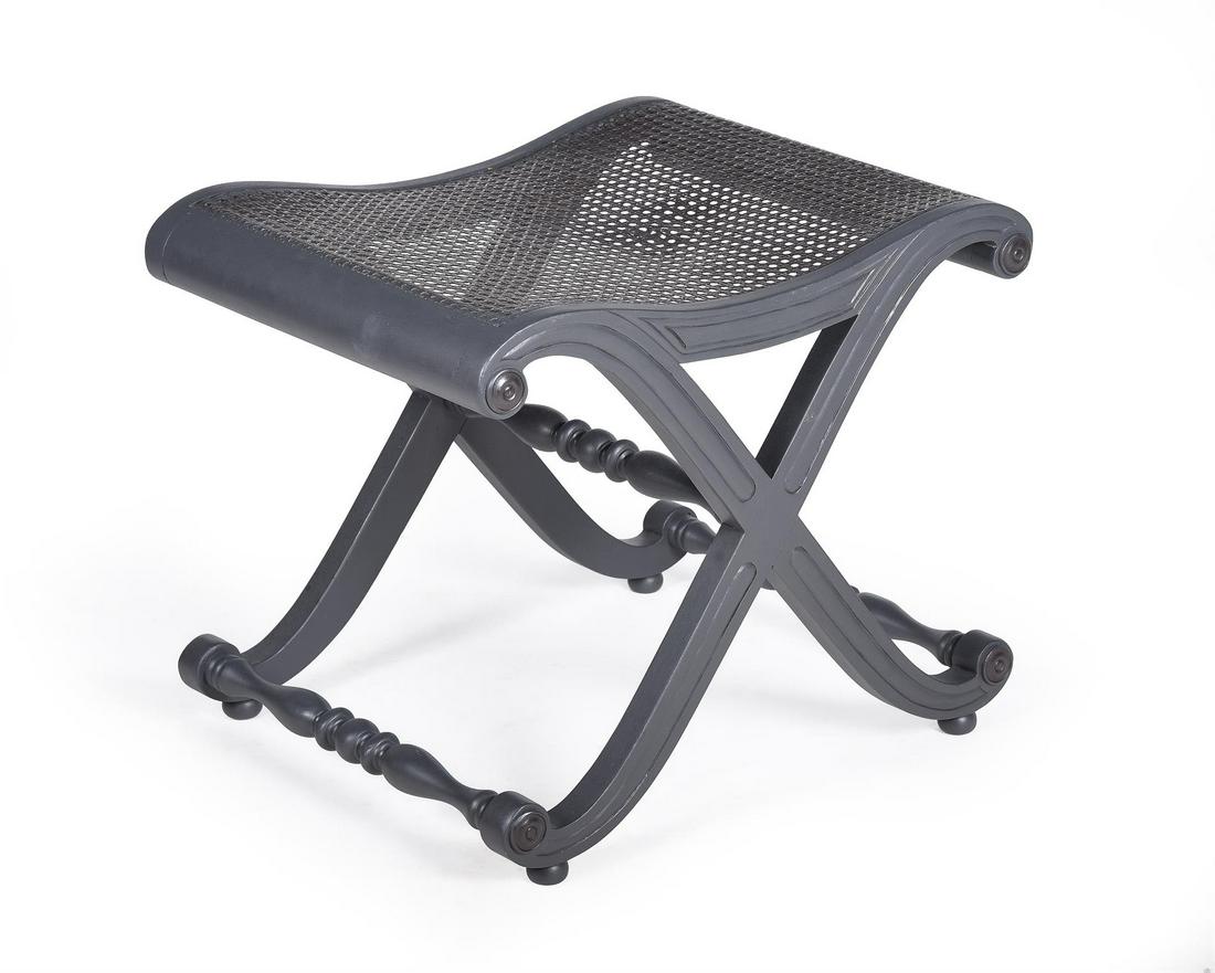 A CANED AND PAINTED X-FRAME STOOL, IN REGENCY STYLE, IN THE MANNER OF GILLOWS, 20TH CENTURY (1 of 3)