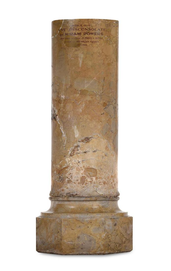 THE VICTORIA AND ALBERT MUSEUM DISPLAY PEDESTAL FOR HIRAM POWER'S 'EVE DISCONSOLATE' BUST: THE VICTORIA AND ALBERT MUSEUM DISPLAY PEDESTAL FOR HIRAM POWER'S 'EVE DISCONSOLATE' BUST PROBABLY ITALIAN, LATE 19TH CENTURY Inscribed MARBLE BUS. EVE DISCONSOLATE. by HIRAM POWERS American sculptor