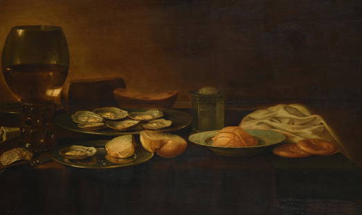 FOLLOWER OF WILLEM CLAESZ HEDA, STILL LIFE WITH A ROEMER: FOLLOWER OF WILLEM CLAESZ HEDASTILL LIFE WITH A ROEMER, OYSTERS AND BREAD AND BUTTER ON A TABLE Oil on panel48 x 79cm (18¾ x 31 in.)Provenance:The Wodehouse, Wombourne, Staffordshire