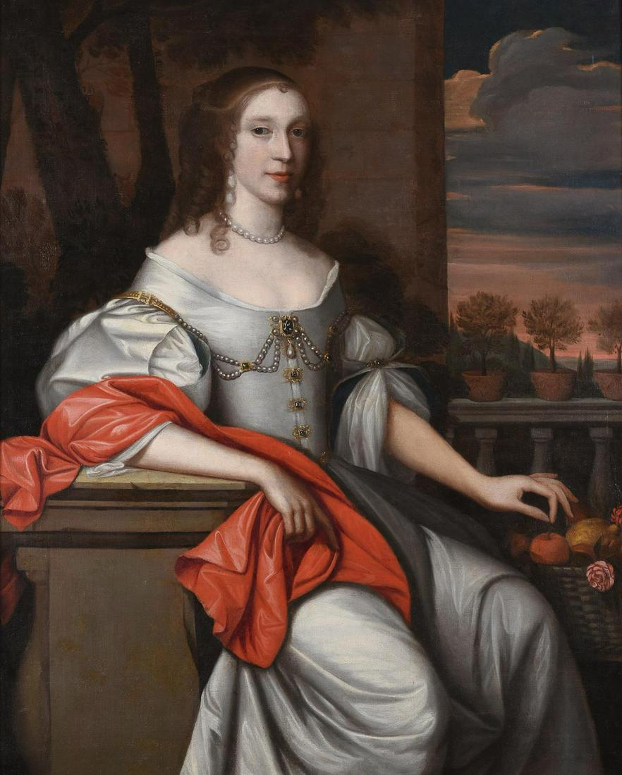 CIRCLE OF JOHN MICHAEL WRIGHT (BRITISH 1617-1694), PORTRAIT OF A LADY SEATED IN FRONT OF A TERRACE: CIRCLE OF JOHN MICHAEL WRIGHT (BRITISH 1617-1694)PORTRAIT OF A LADY, SEATED IN FRONT OF A TERRACE, WITH THREE SHRUBS IN TERRACOTTA POTS AND A BASKET OF FLOWERS AND FRUITOil on canvas126 x 101cm (49
