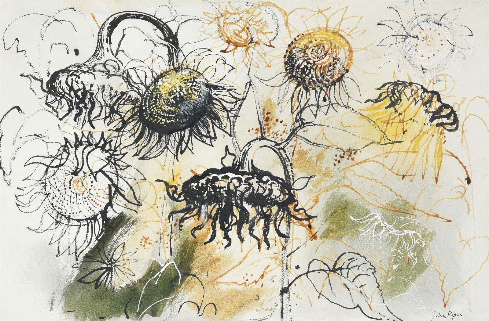 λ JOHN PIPER (BRITISH 1903-1992), SUNFLOWERS: λ JOHN PIPER (BRITISH 1903-1992)SUNFLOWERS Watercolour, ink and wash, heightened with white Signed (lower right)35 x 52.5cm (13¾ x 20½ in.)Painted in 1955. Provenance:Leicester Gallerie