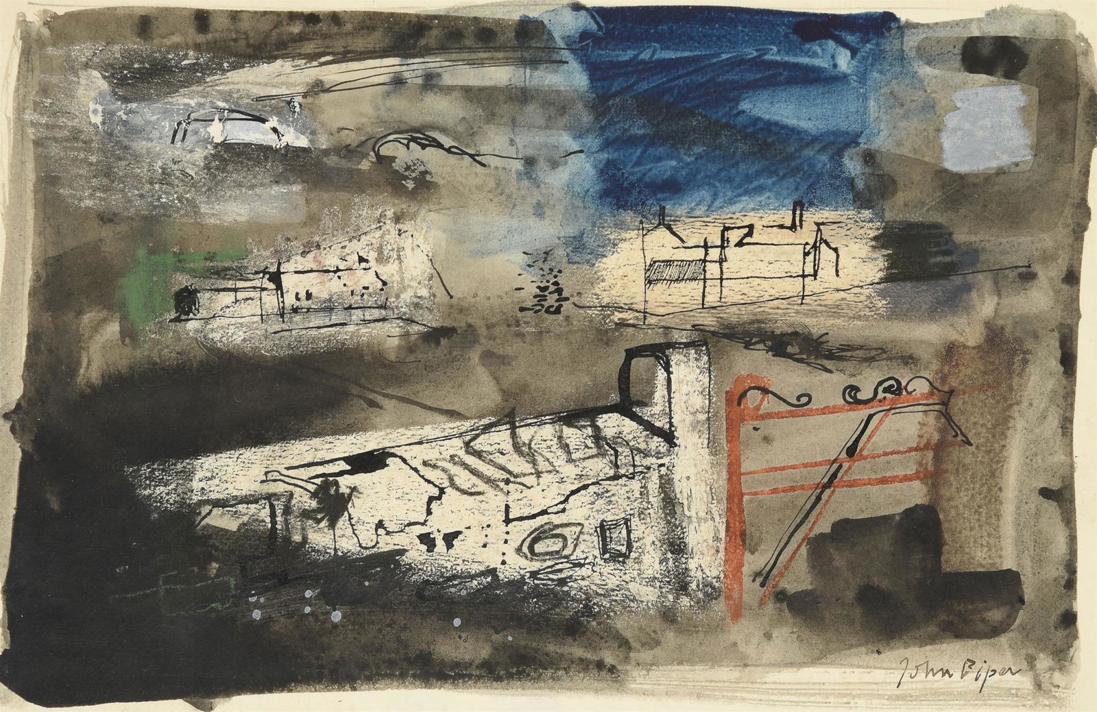 λ JOHN PIPER (BRITISH 1903-1992), THE GATE, PEMBROKESHIRE: λ JOHN PIPER (BRITISH 1903-1992)THE GATE, PEMBROKESHIREInk, crayon and watercolour Signed (lower right) 19 x 28.5cm (7¼ x 11 in.)Painted circa. 1969. Provenance:Abbott & Holder Ltd., London