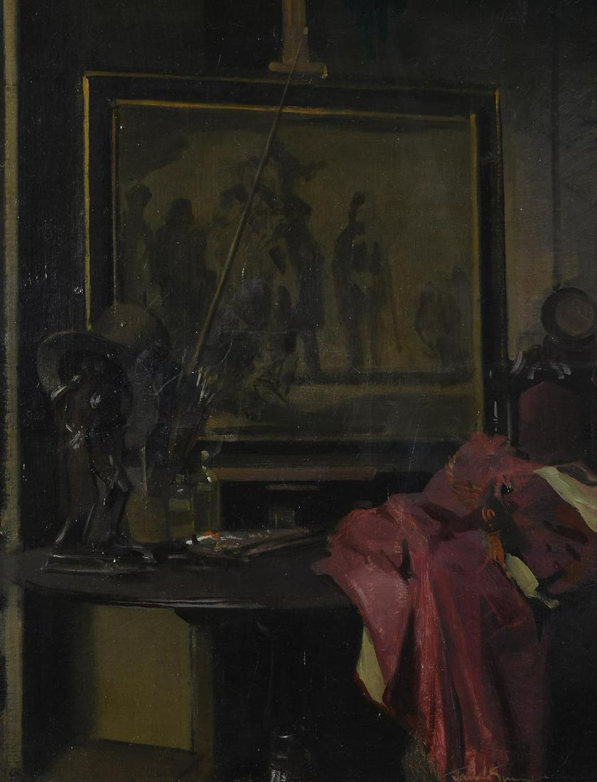 λ SIR HERBERT JAMES GUNN (BRITISH 1893-1964), INTERIOR SCENE, MEMORIES OF JAMES PRYDE: λ SIR HERBERT JAMES GUNN (BRITISH 1893-1964)INTERIOR SCENE, MEMORIES OF JAMES PRYDEOil on boardSigned (lower right)43.5 x 34.5cm (17 x 13½ in.)Provenance:Thomas Agnew & Sons Ltd., London, no