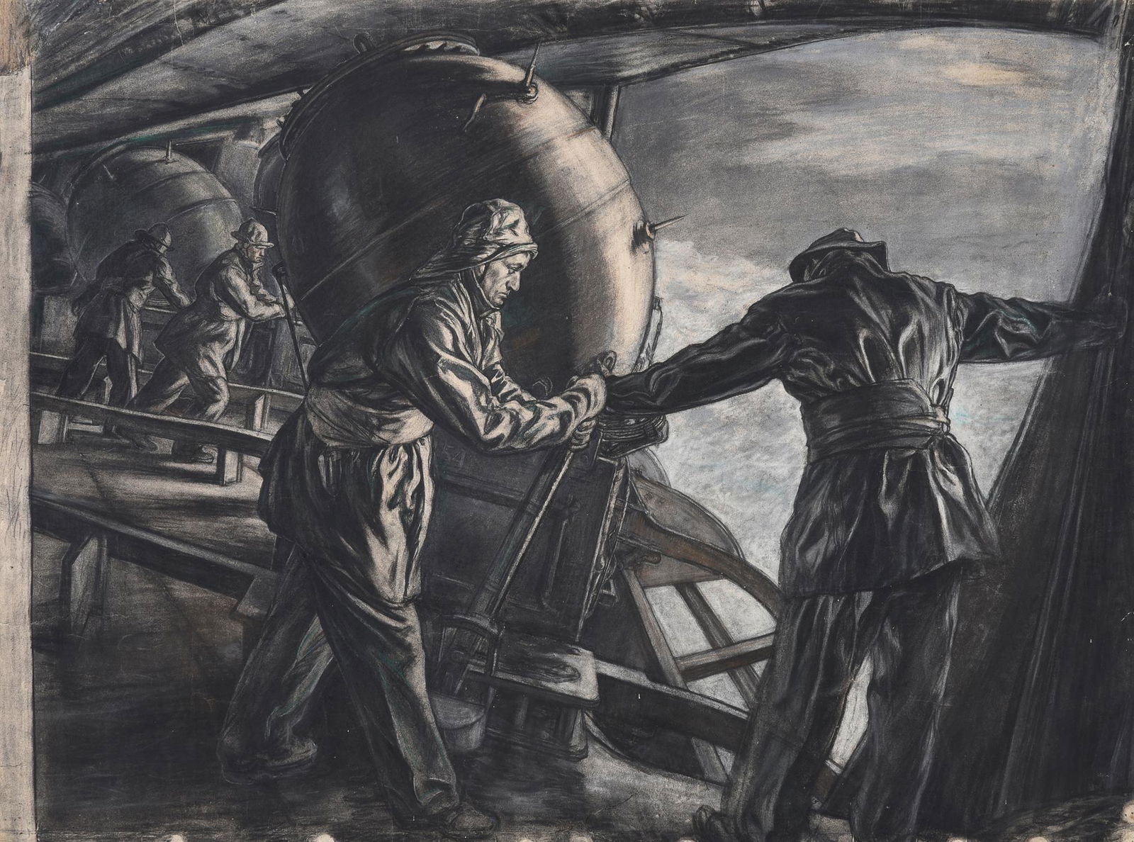 λ MUIRHEAD BONE (BRITISH 1876-1953), STUDY FOR WINTER MINE-LAYING OFF ICELAND: λ MUIRHEAD BONE (BRITISH 1876-1953)STUDY FOR WINTER MINE-LAYING OFF ICELANDCharcoal and coloured chalk73.5 x 99cm (28¾ x 38¾ in.)Provenance:The family of the ArtistLiss Llewellyn Fine A