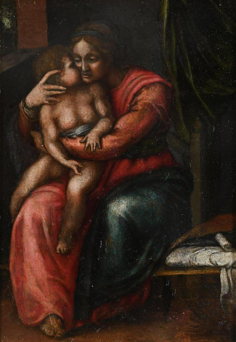 FOLLOWER OF MARCELLO VENUSTI, THE VIRGIN AND CHILD: FOLLOWER OF MARCELLO VENUSTITHE VIRGIN AND CHILDOil on slate19.5 x 13cm (7½ x 5 in.)Venusti's lost painting is based on a carefully finished drawing by his associate Michelangelo Buonarotti, now