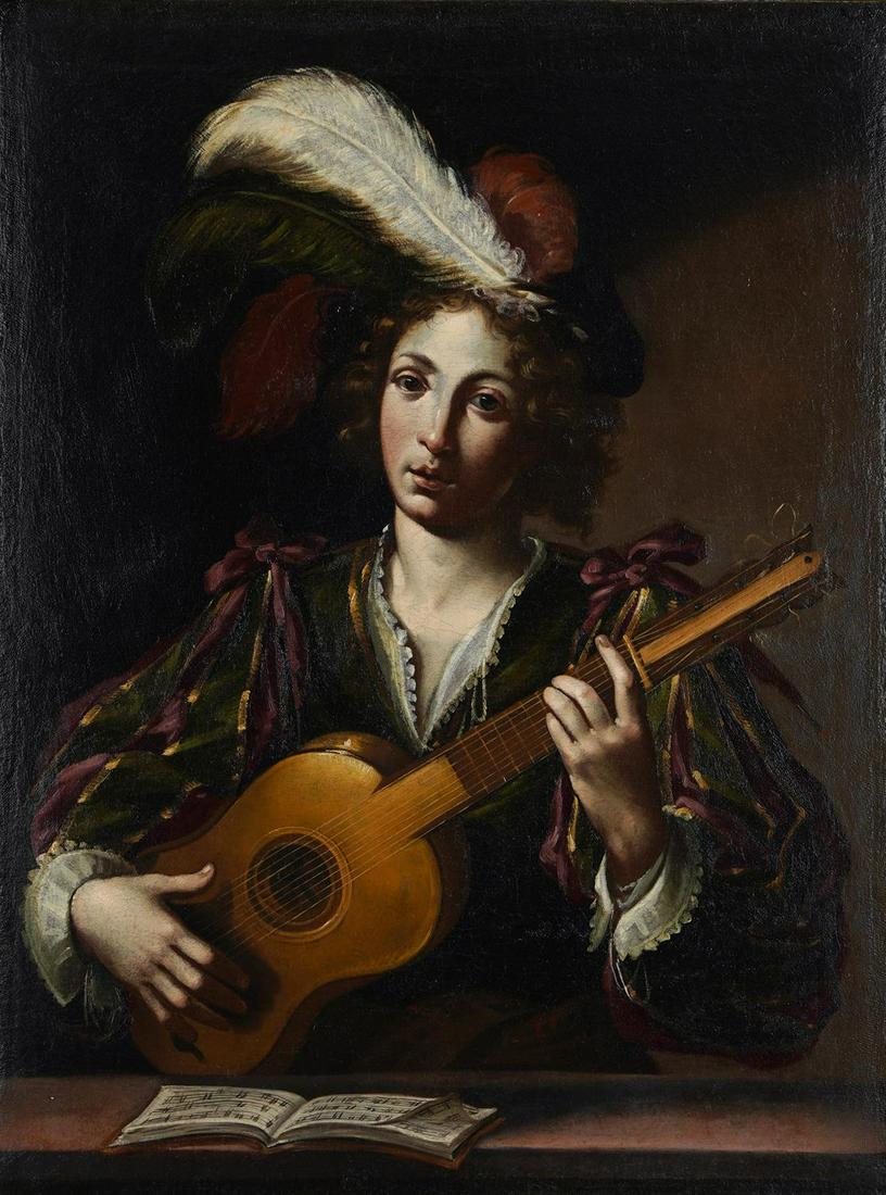 CIRCLE OF CLAUDE VIGNON (FRENCH 1593-1670), A YOUNG MAN PLAYING THE GUITAR: CIRCLE OF CLAUDE VIGNON (FRENCH 1593-1670)A YOUNG MAN PLAYING THE GUITAROil on canvas101 x 75.5cm (39¾ x 29½ in.)Provenance:Anonymous sale, Sotheby's, London, 14 December 2000, lot 191 (sold