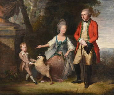 FOLLOWER OF JOHANN JOSEPH ZOFFANY, PORTRAIT OF CAPTAIN CHARLES WILLIAM LE GEYT WITH HIS WIFE AND SON: FOLLOWER OF JOHANN JOSEPH ZOFFANYPORTRAIT OF CAPTAIN CHARLES WILLIAM LE GEYT WITH HIS WIFE AND SONOil on canvas62 x 75.5cm (24¼ x 29½ in.)Charles William Le Geyt (1733-1827) was Jersey's fir