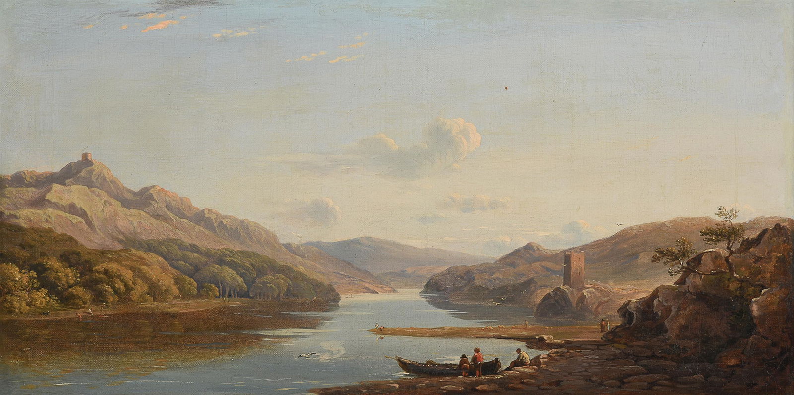 JOHN VARLEY (BRITISH 1778-1842), A PAIR OF EXTENSIVE LAKE LANDSCAPES (2): JOHN VARLEY (BRITISH 1778-1842)A PAIR OF EXTENSIVE LAKE LANDSCAPES Oil on canvasOne signed (lower left)31 x 62cm (12 x 24¼ in.) (2)Provenance:Thomas Agnew and Sons, London