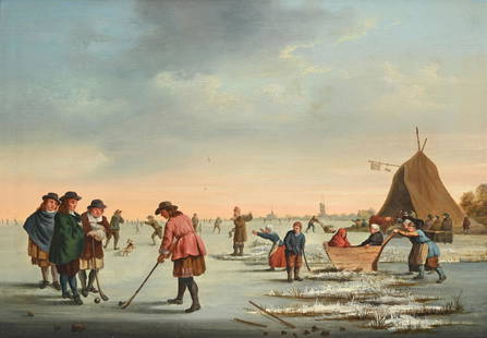 AFTER ADRIAEN VAN DE VELDE, GOLFERS ON THE ICE NEAR HAARLEM: AFTER ADRIAEN VAN DE VELDEGOLFERS ON THE ICE NEAR HAARLEMOil on panel26.5 x 39cm (10¼ x 15¼ in.)Painted in reverse. The original in the collection of the National Gallery, London, NG869.