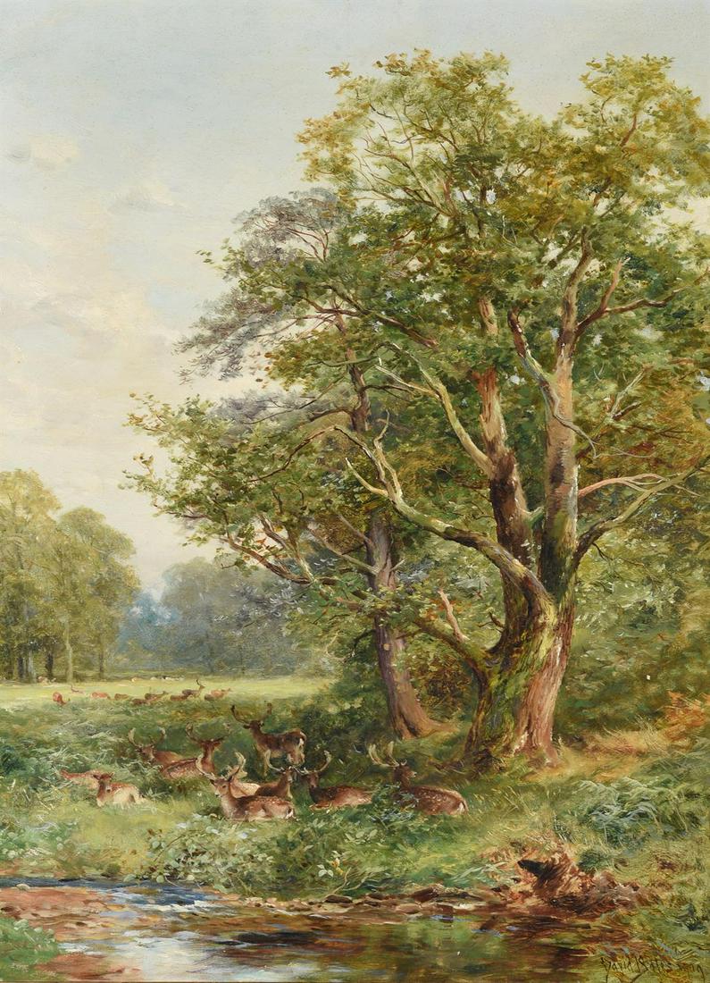 DAVID BATES (BRITISH 1840-1921), A STUDY OF FALLOW DEER AND TREES IN BUSHY PARK: DAVID BATES (BRITISH 1840-1921)A STUDY OF FALLOW DEER AND TREES IN BUSHY PARKOil on canvasSigned and dated '1909' (lower right) and further signed, dated and inscribed as titled (on the reverse)59.5 x
