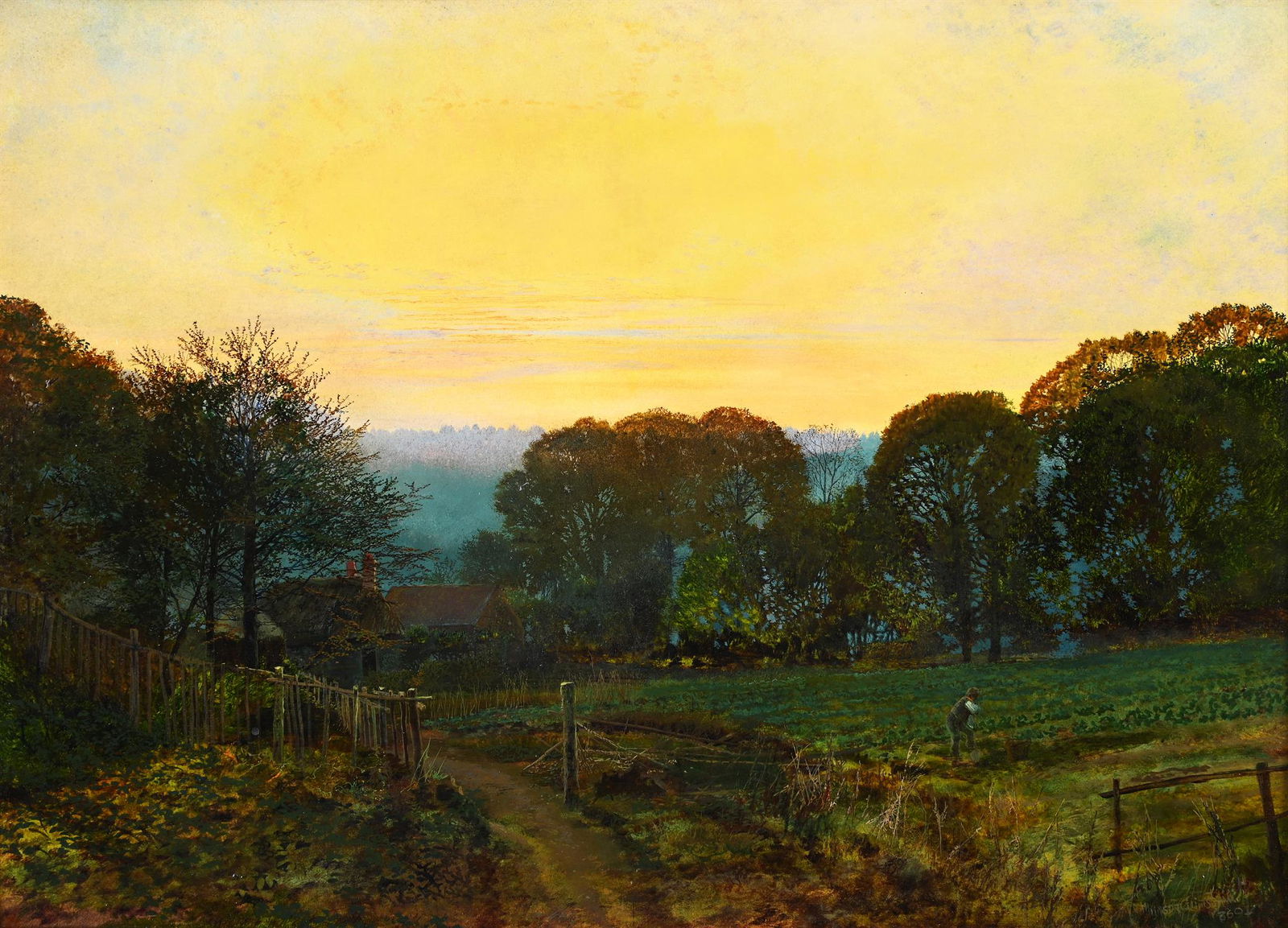JOHN ATKINSON GRIMSHAW (BRITISH 1836-1893), TWILIGHT, THE VEGETABLE GARDEN: JOHN ATKINSON GRIMSHAW (BRITISH 1836-1893)TWILIGHT, THE VEGETABLE GARDENOil on card, laid on canvasSigned and dated '1869' (lower right)38 x 53.5cm (14¾ x 21 in.)Provenance:Sale, Christie's Londo